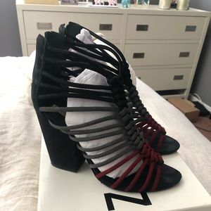 Suede, black, maroon, and gray Schutz shoes